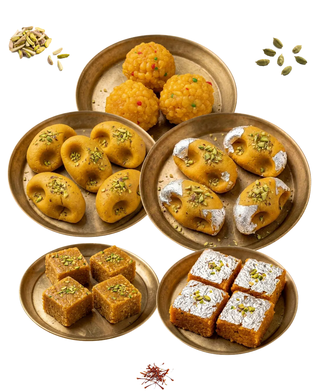 Desi ghee laddu, kesaria peda, sandwich peda, motipak and dilkushal on brass plates