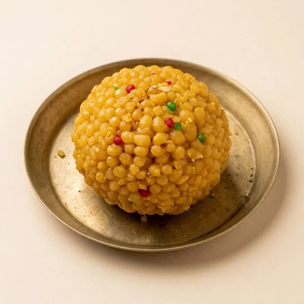 Desi Ghee Special Big Laddu on a brass plate