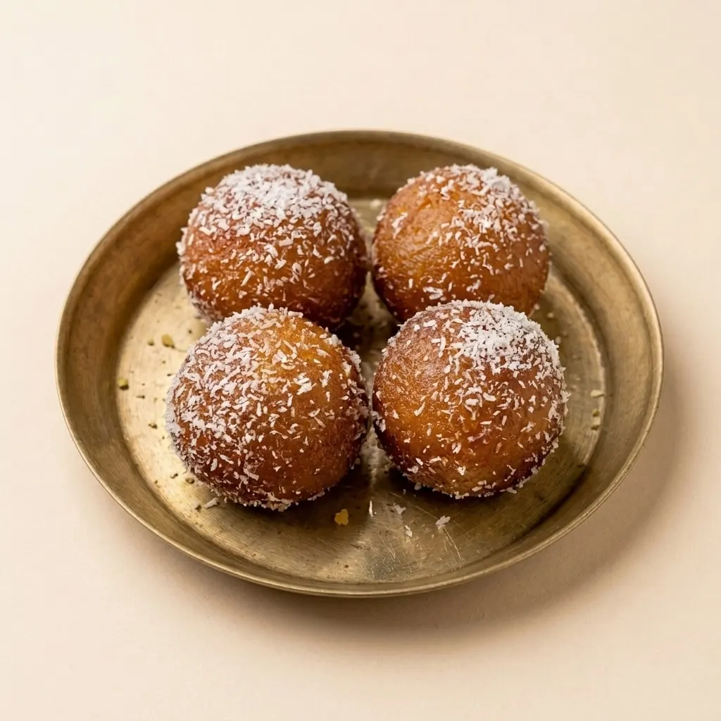 Dry Gulabjamun (Narial Powder) on a brass plate