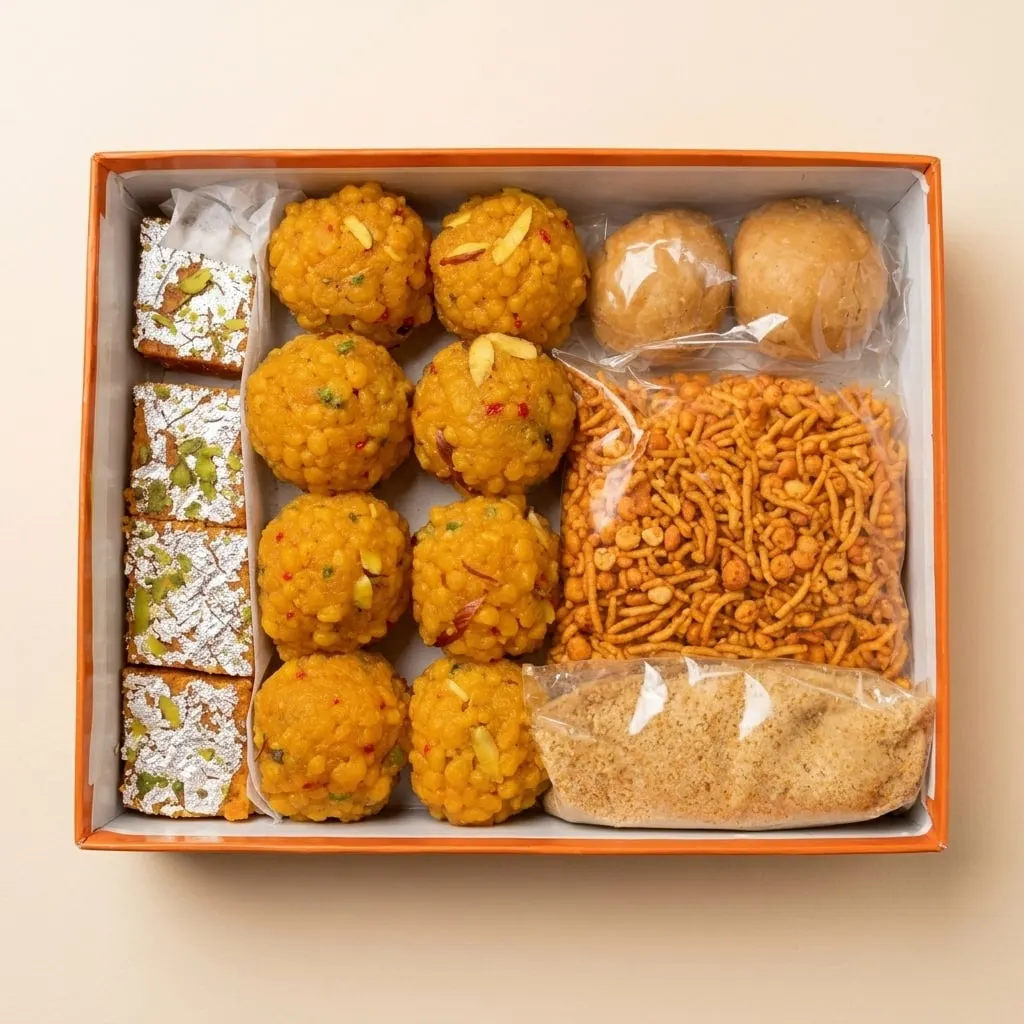 An assorted box of laddu, barfi, peda and namkeen