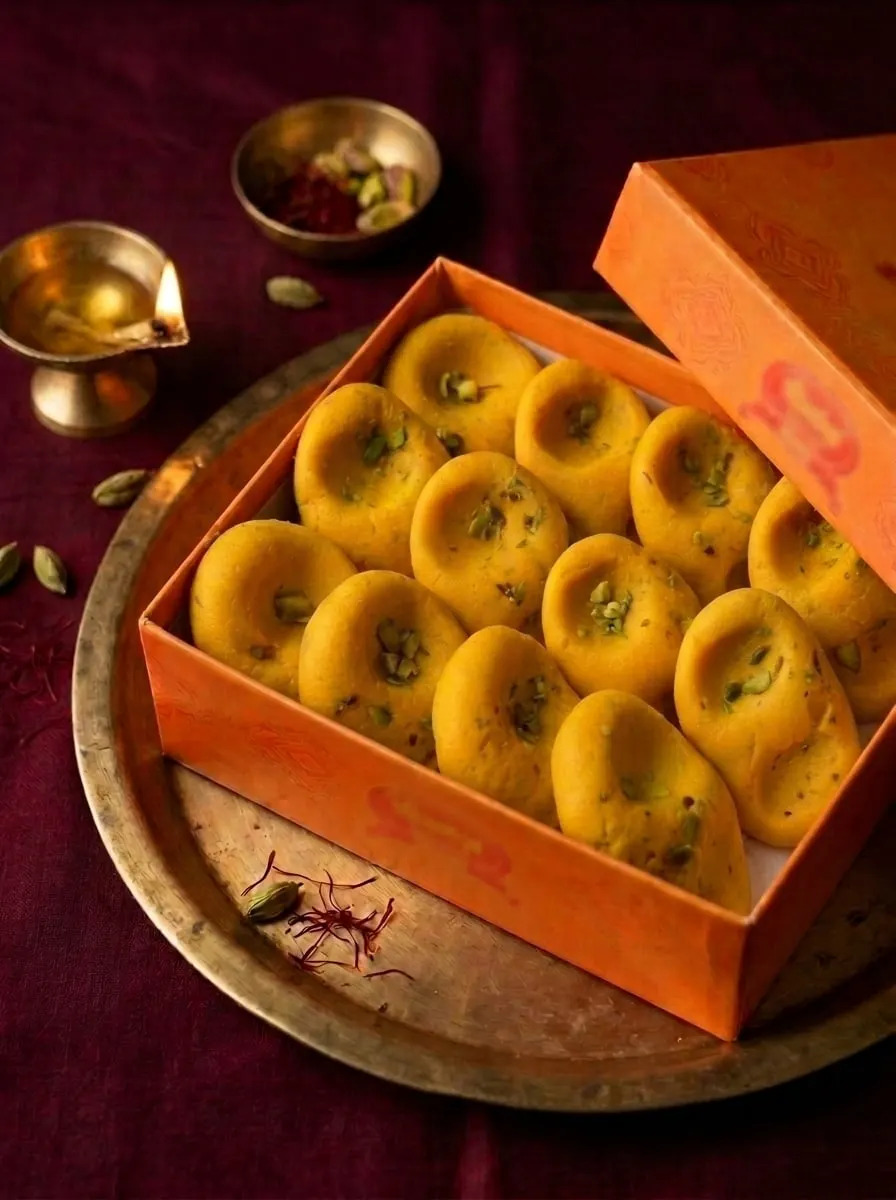 Kesaria peda in an open orange Shree Ganesh box