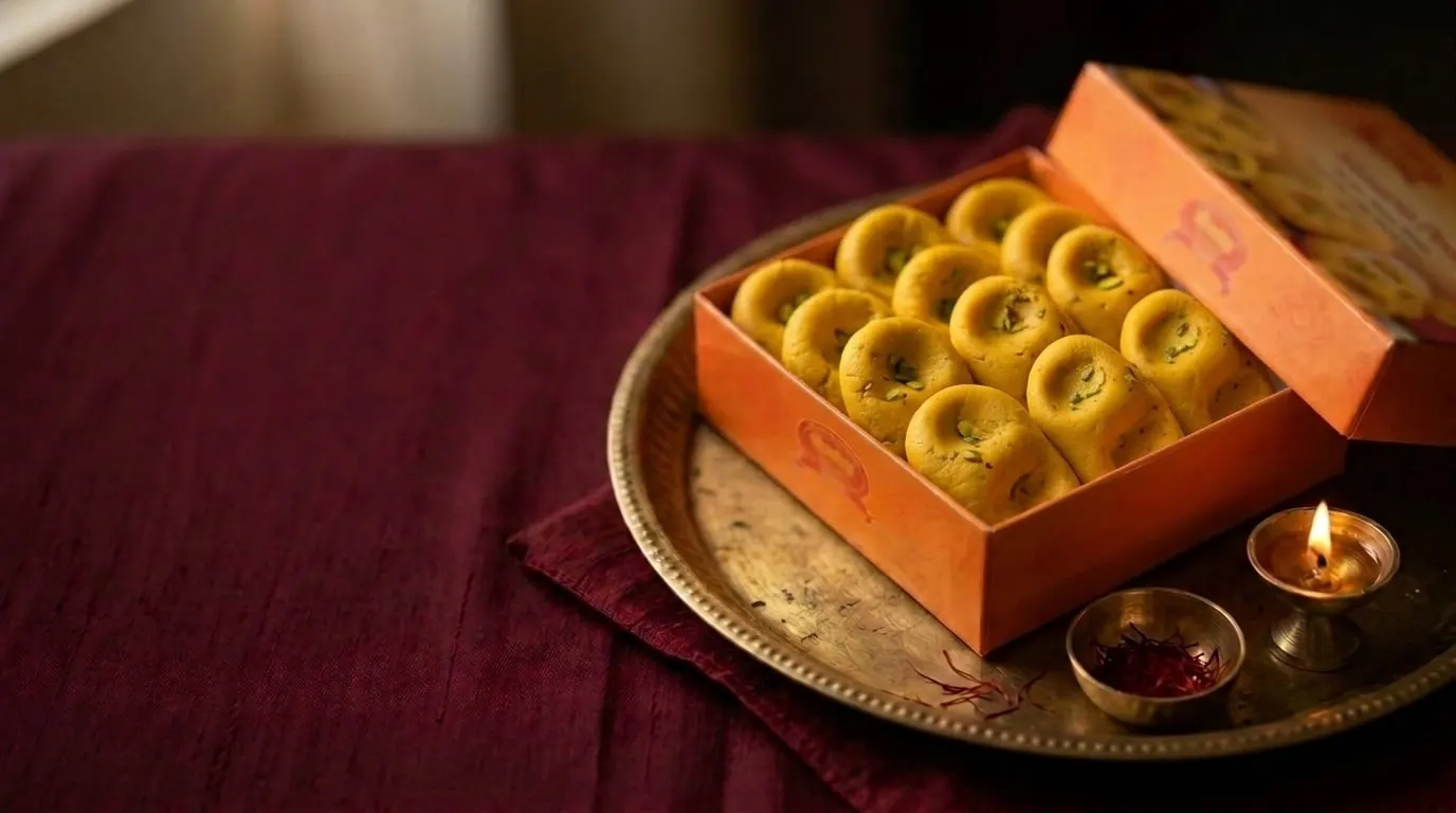 Kesaria peda in an open orange Shree Ganesh box