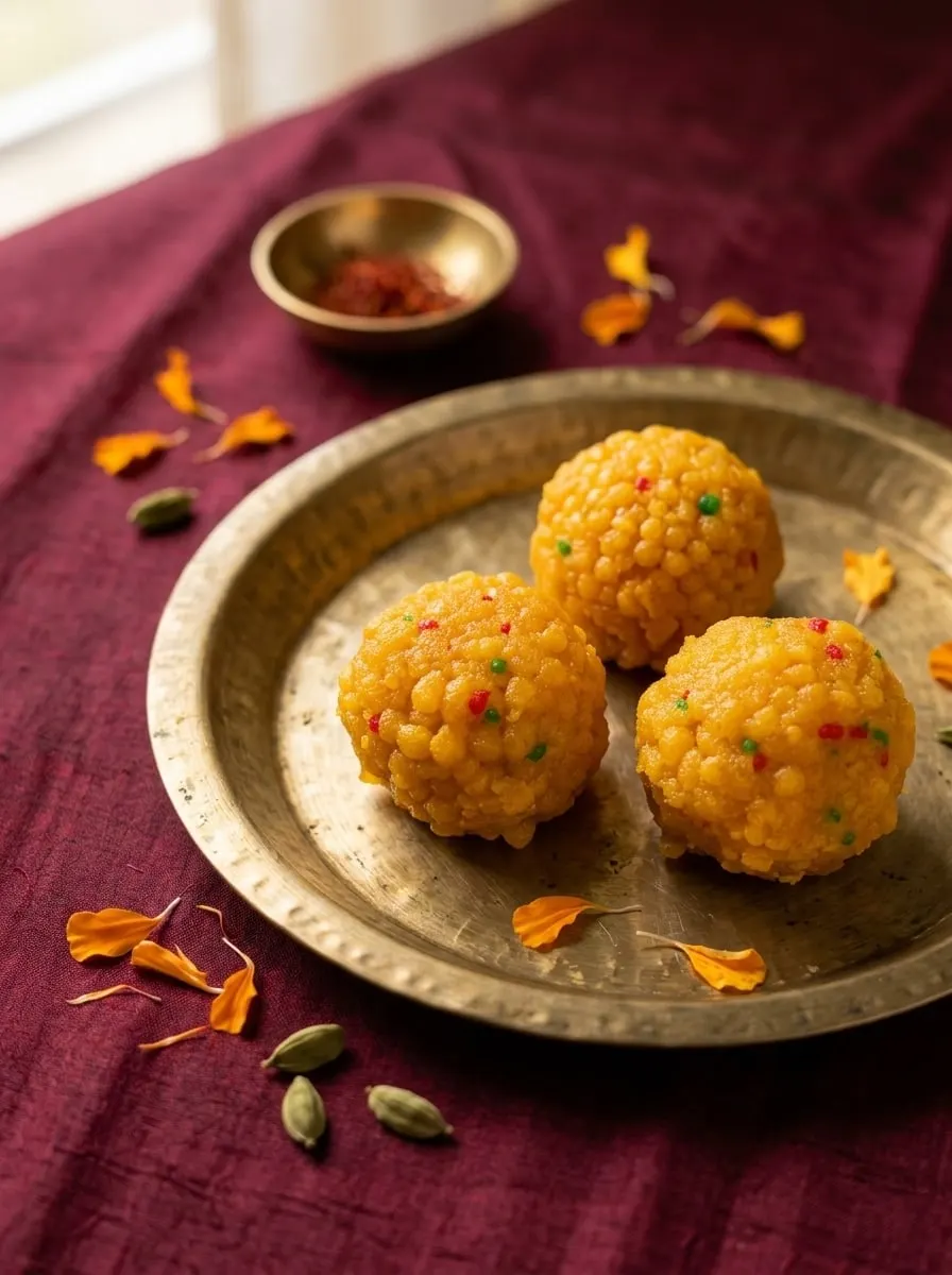 Desi ghee boondi laddu on a brass thali