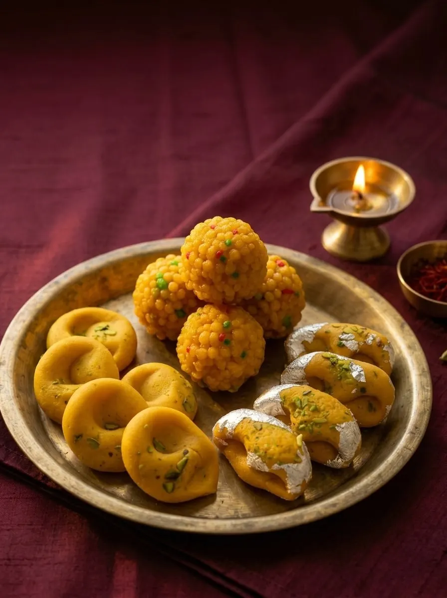 A brass thali of kesaria peda, sandwich peda and desi ghee laddu